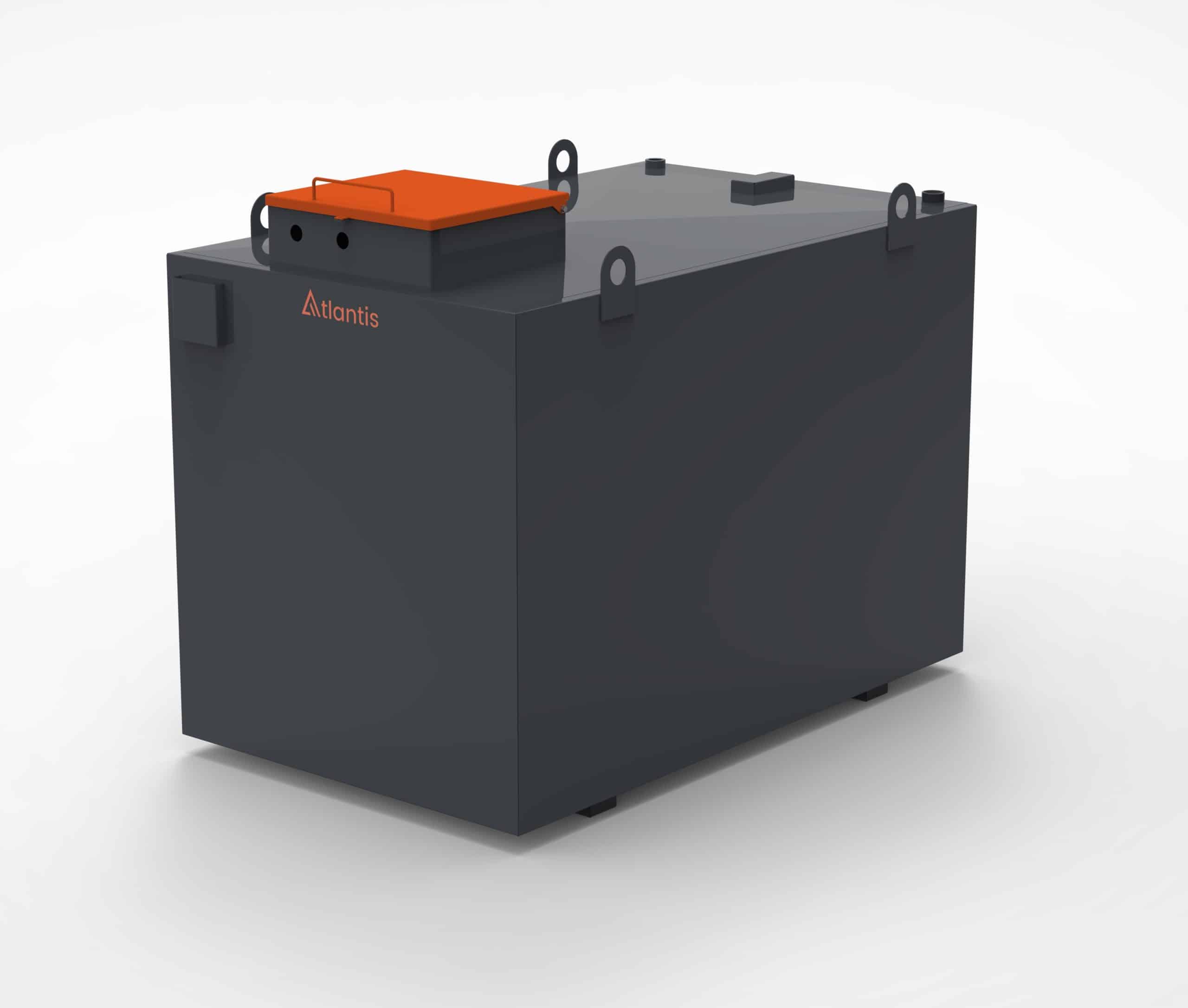 2000 litre steel bunded generator feed tank with green paint and a lockable fill cabinet with orange lid