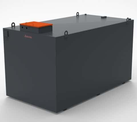 10,000 litre steel bunded generator feed tank with green paint and a lockable fill cabinet with orange lid