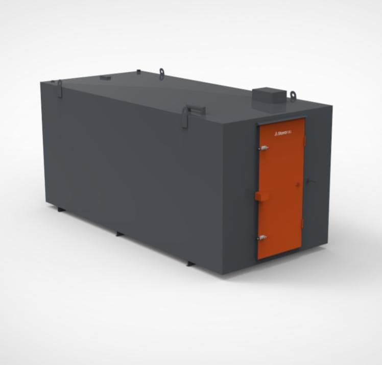 25000 litre steel bunded generator bulk tank finished in black with an orange security cabinet door