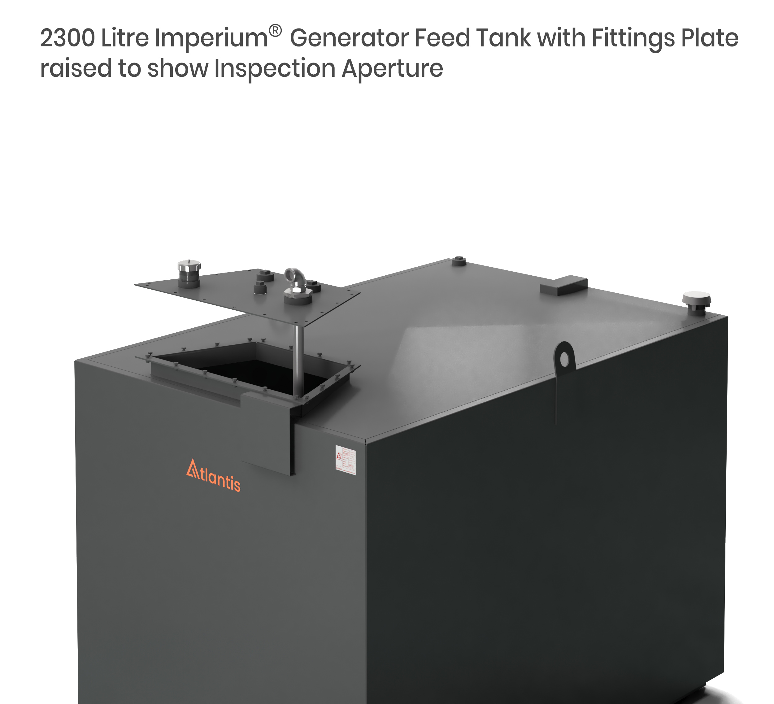 2300 litre Imperium® Generator Feed Tank with Imperium® fittings plate raised to show inspection aperture
