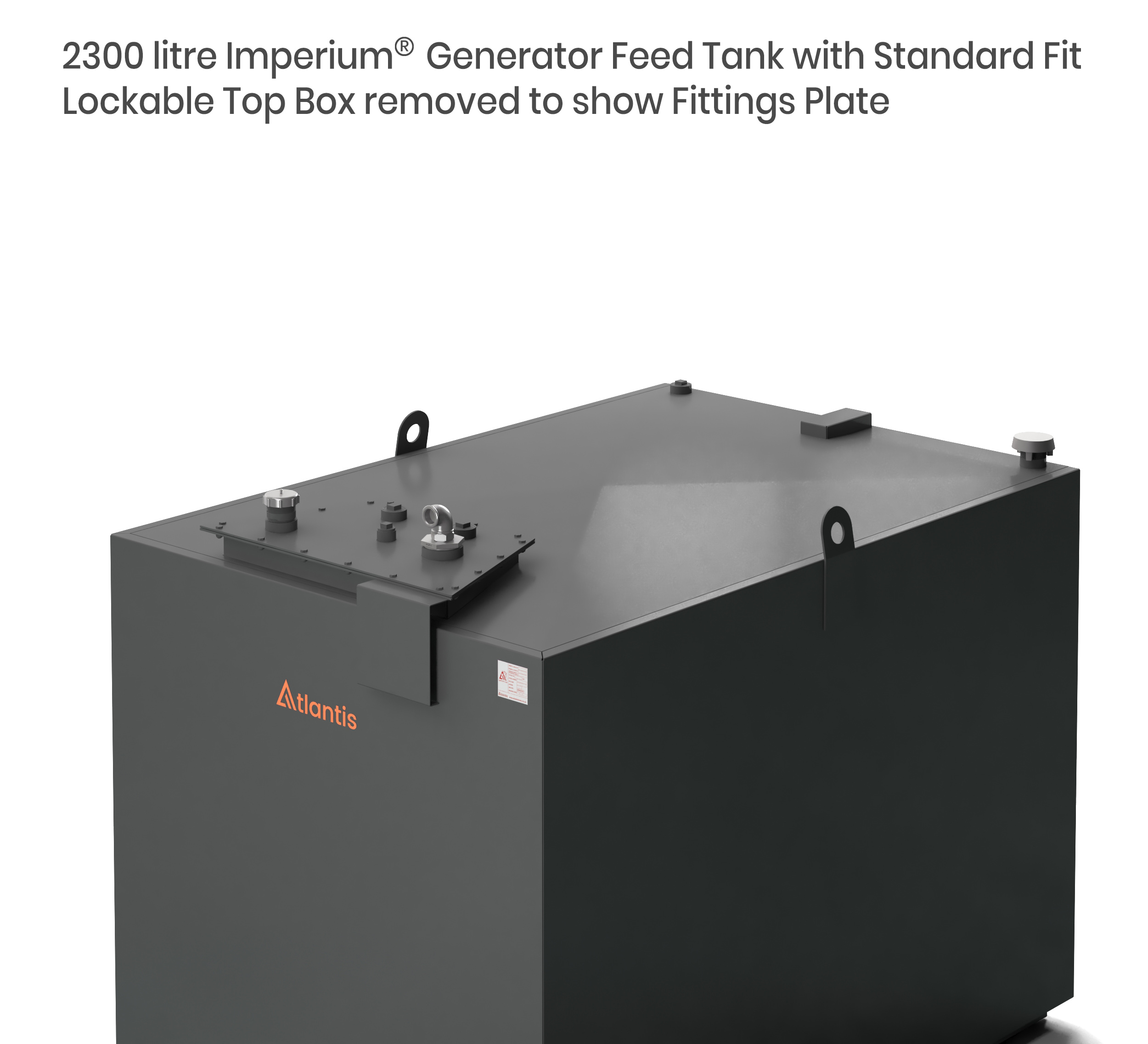 2300 litre Imperium® Generator Feed Tank with standard fit lockable top box removed to show Imperium® fittings plate