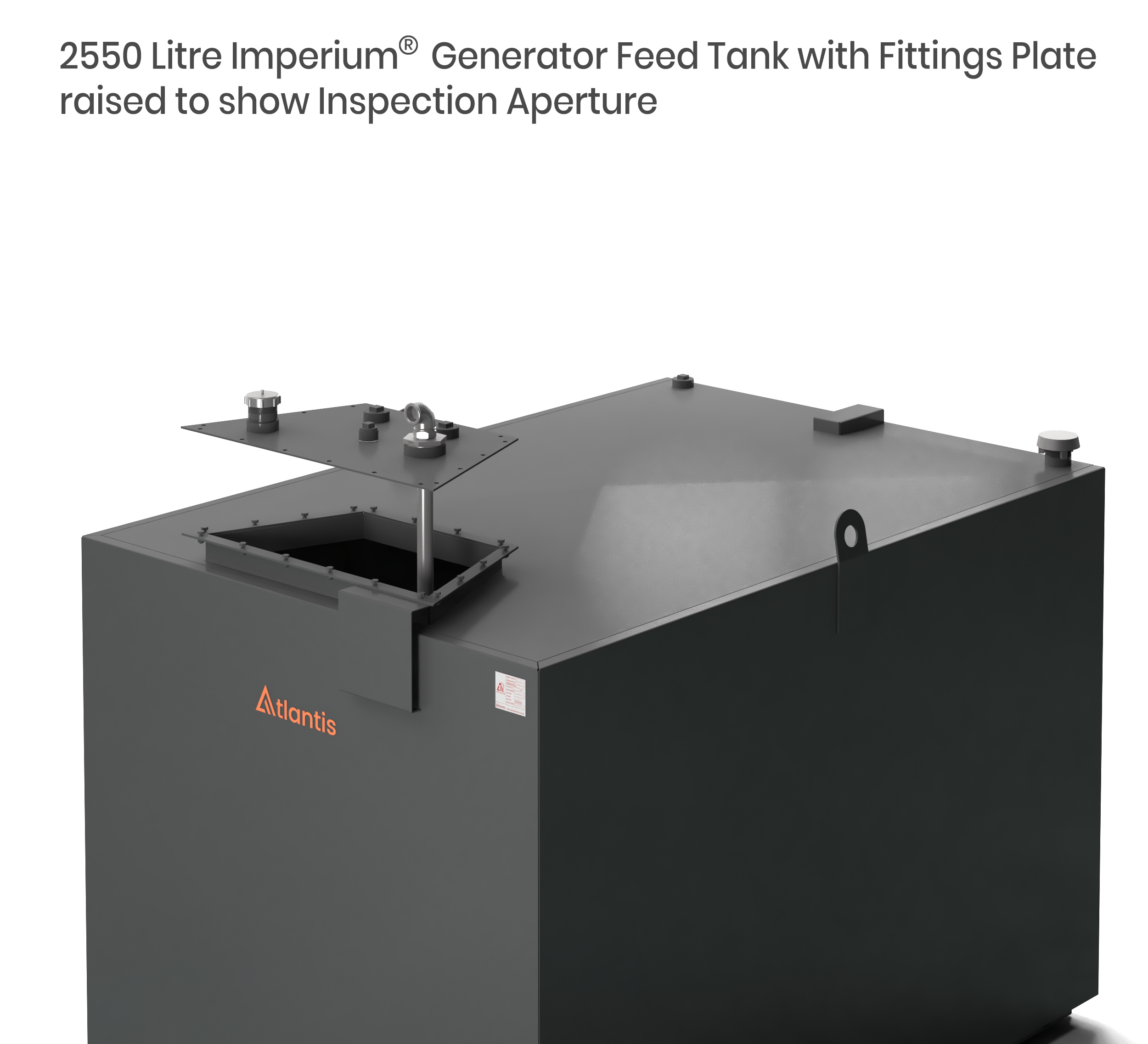 2550 litre Imperium® Generator Feed Tank with Imperium® fittings plate raised to show inspection aperture