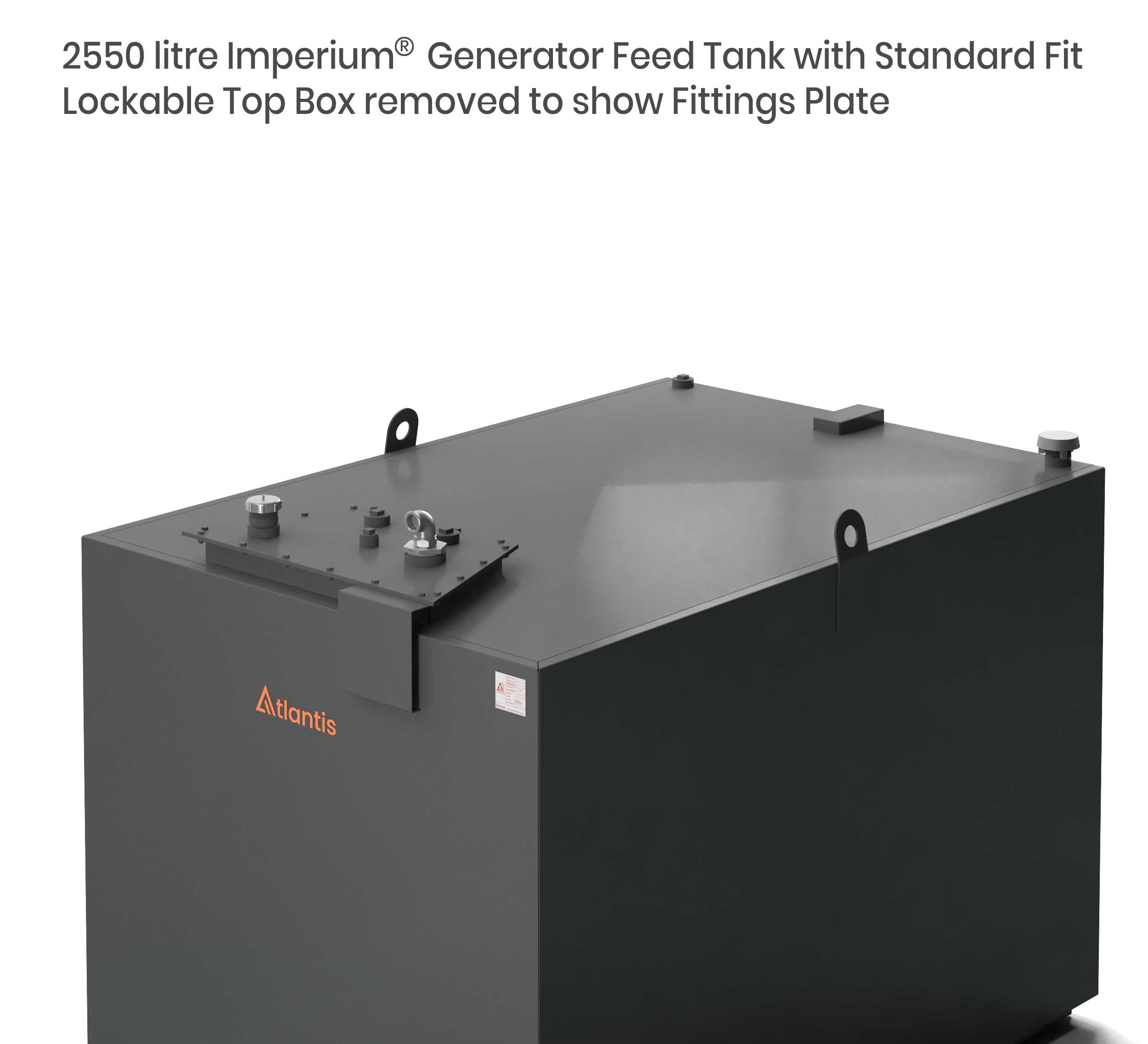 2550 litre Imperium® Generator Feed Tank with standard fit lockable top box removed to show Imperium® fittings plate