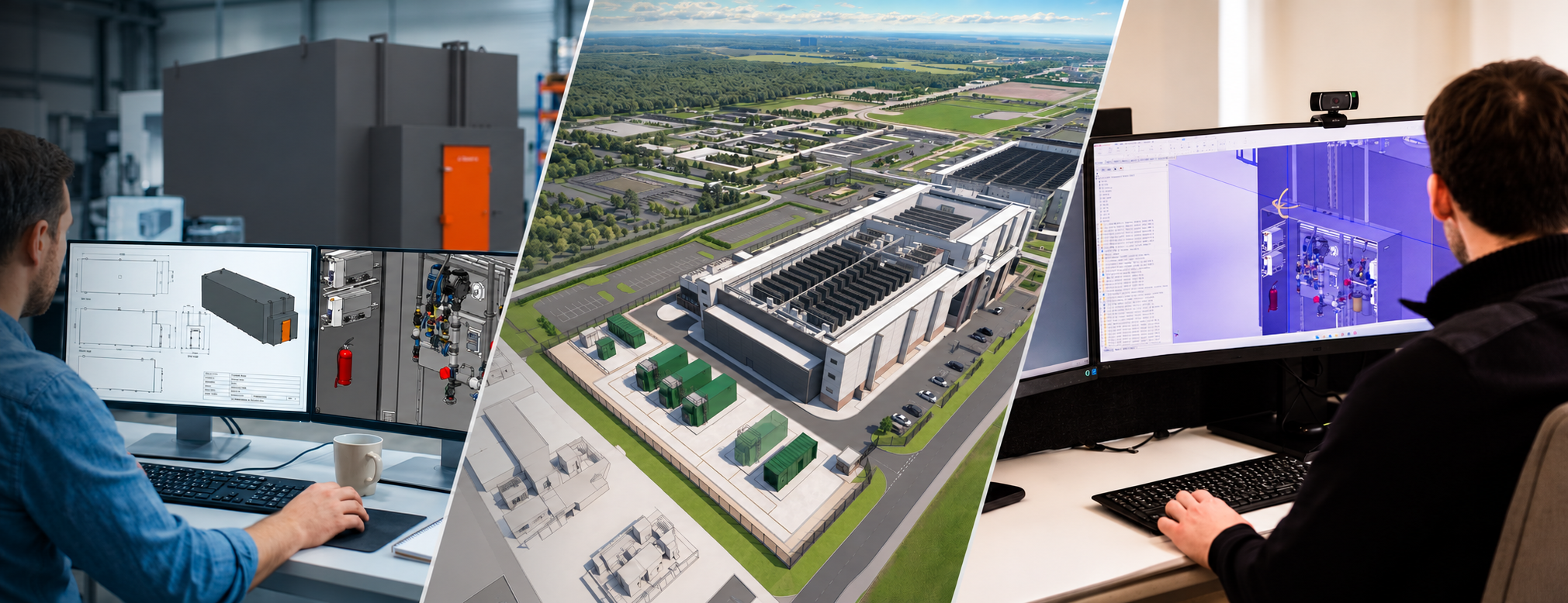 Montage showing an aerial view of a data centre with green storage tanks, an engineer designing a tank in CAD software, and a workshop engineer reviewing tank drawings beside a finished steel tank.