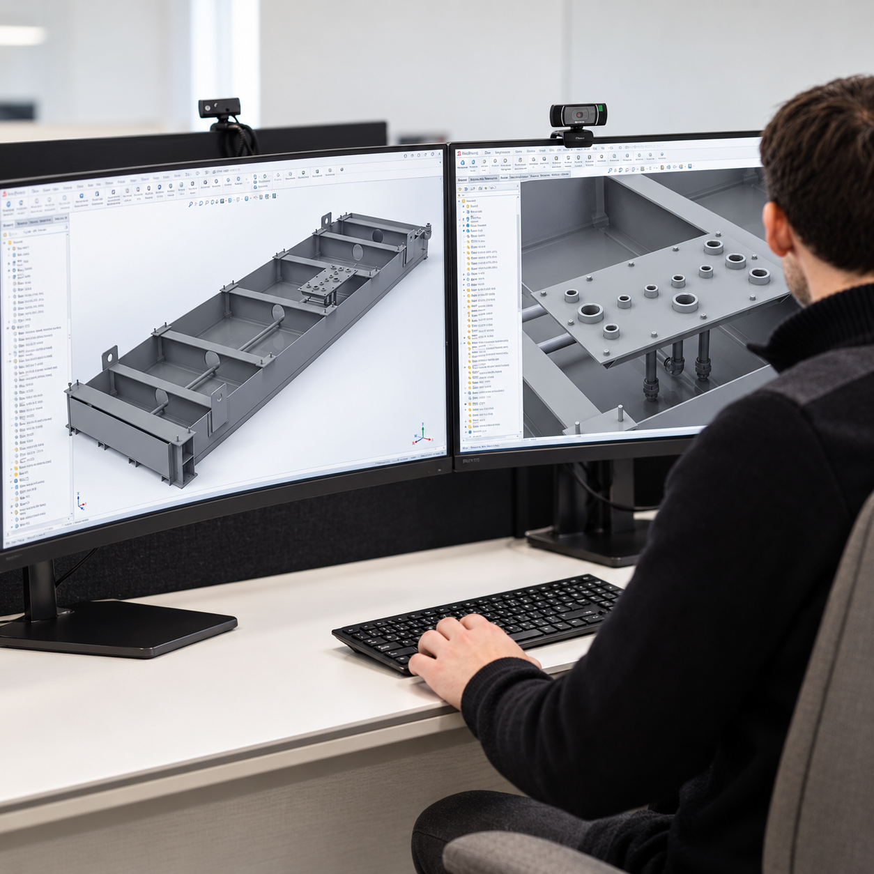 3D CAD designer working on a slab tank specification design during the fuel tank manufacturing process