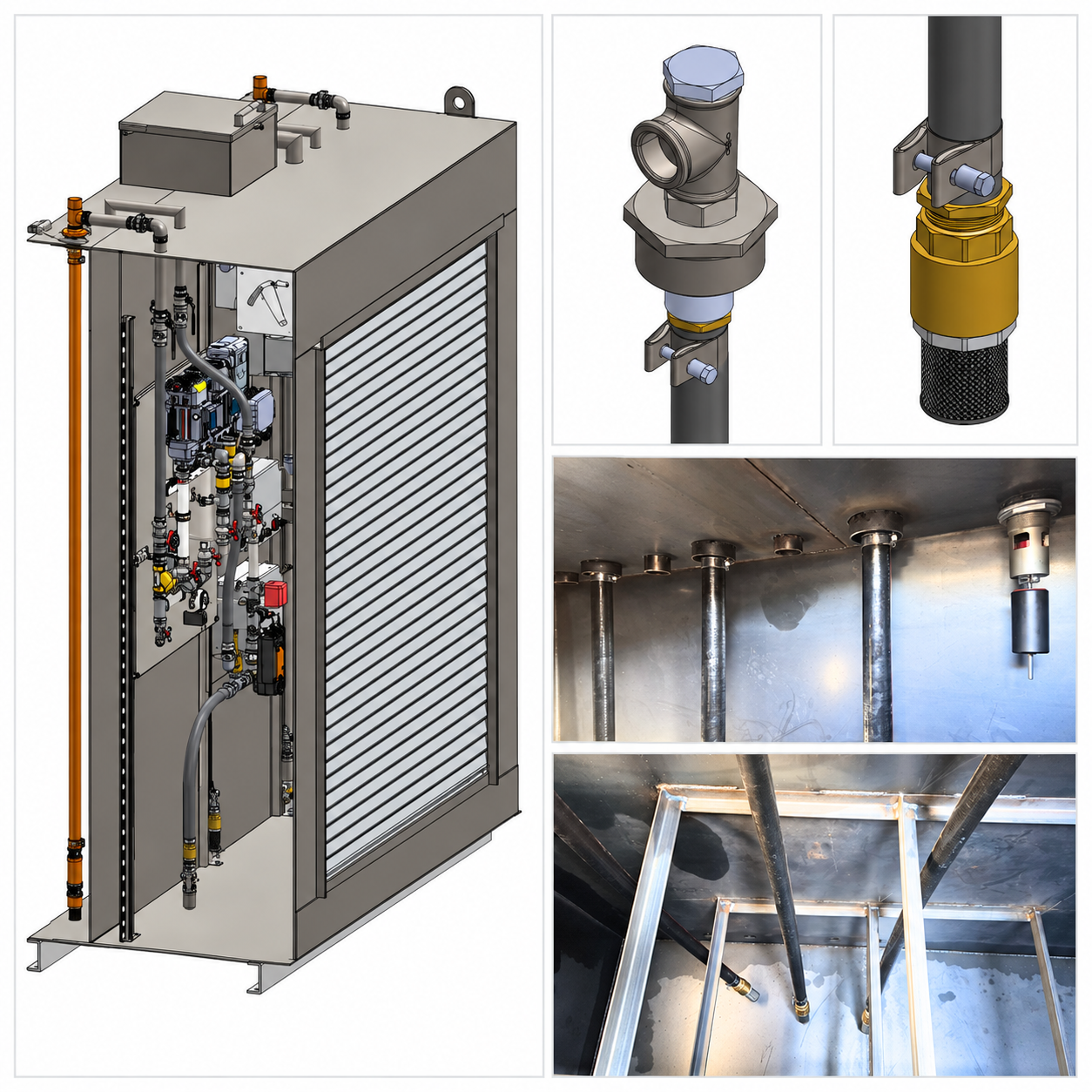 Atlantis removable drop tube system showing the tank arrangement, priming port, valve and strainer, alongside photographs of the tubes installed inside a steel tank.