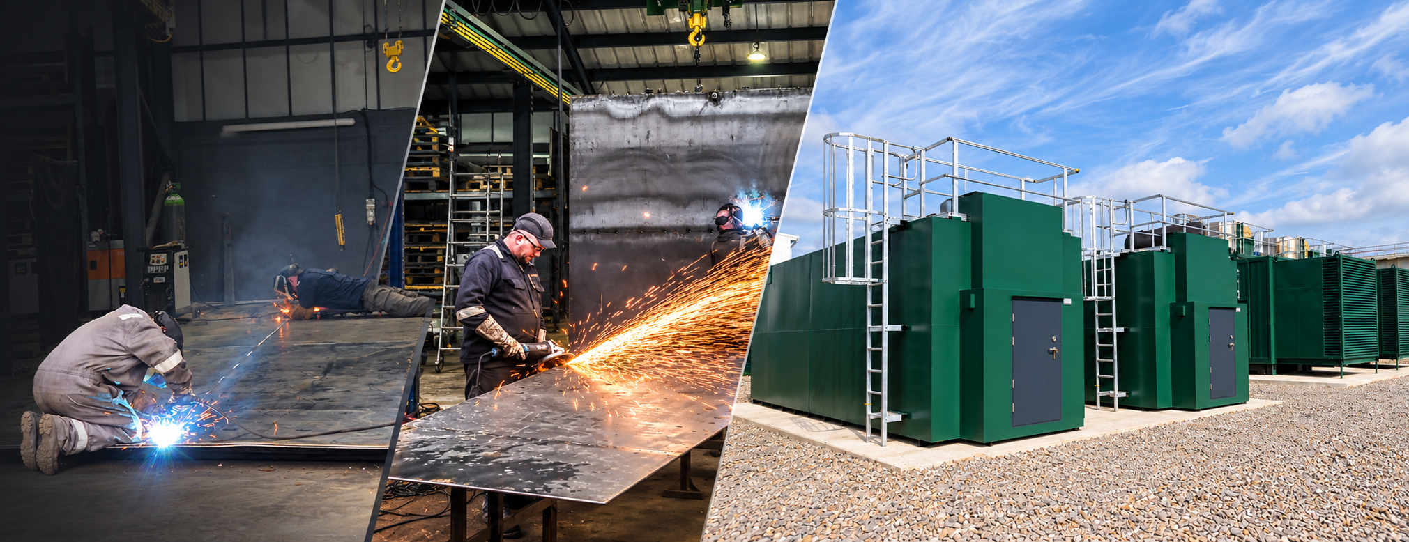 Atlantis workers welding and fabricating steel tanks in a workshop, alongside completed green fuel storage tanks installed beside generators.