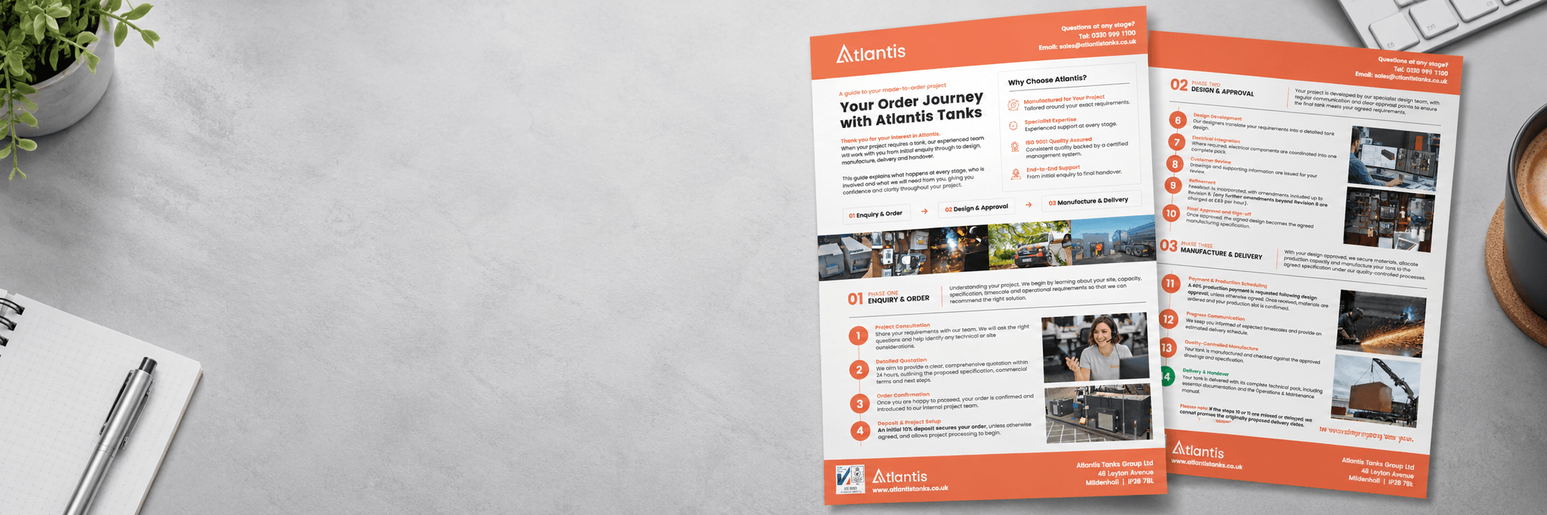 Atlantis made-to-order process guide showing the enquiry, design approval, manufacturing and delivery stages.