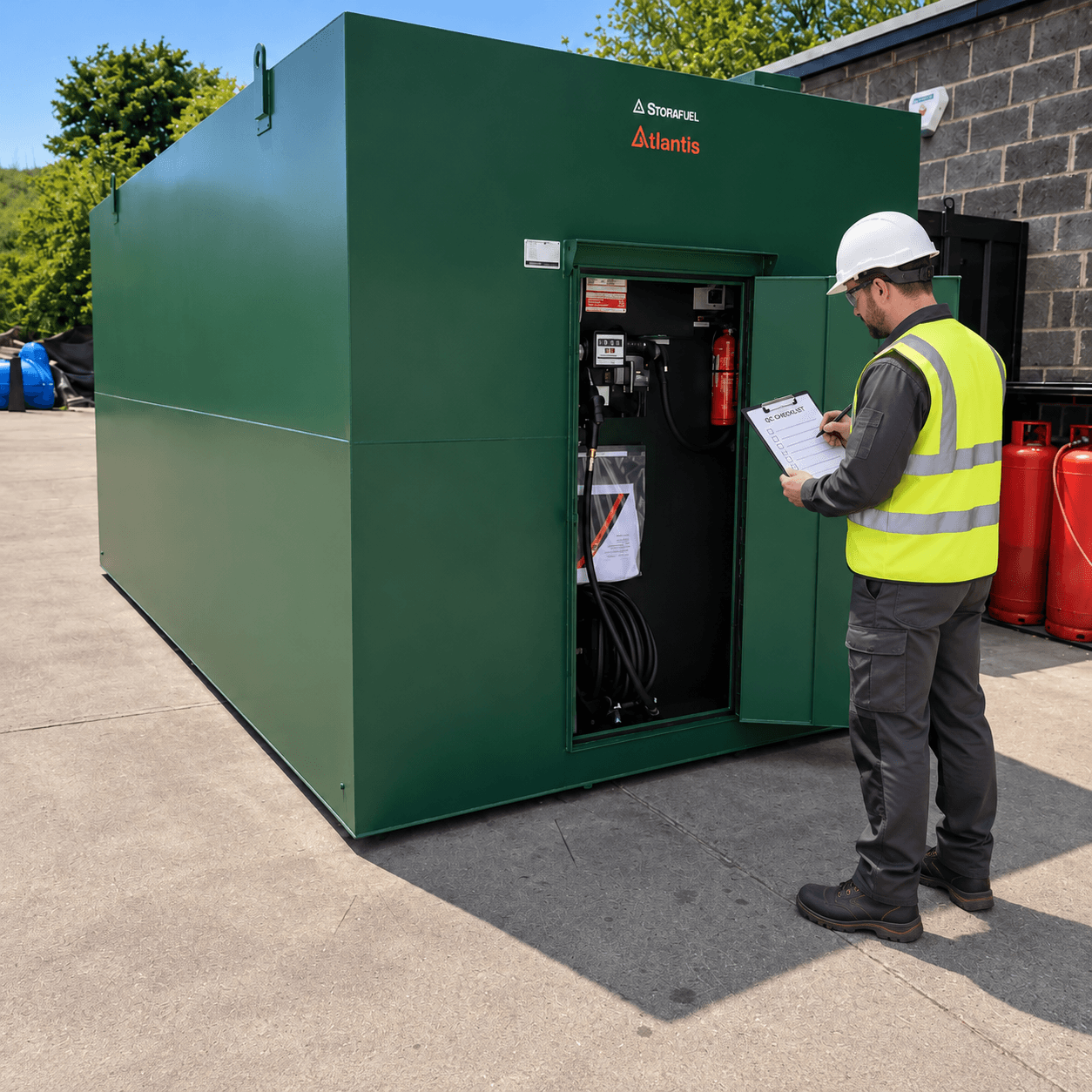 An Atlantis Quality Control expert inspecting a manufactured tank before handover to the customer