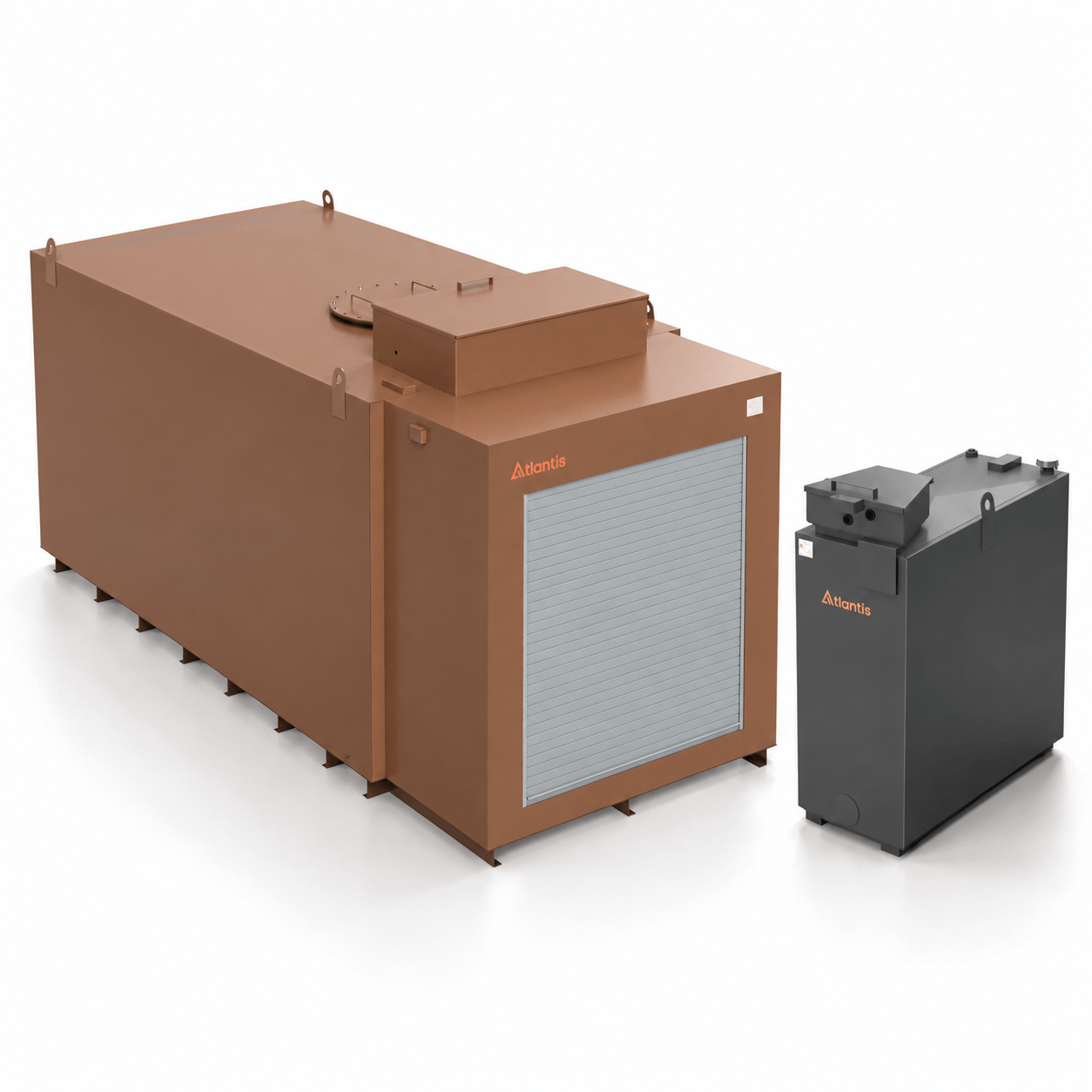 Large brown Atlantis GBI tank beside a smaller grey Imperium® generator feed tank.